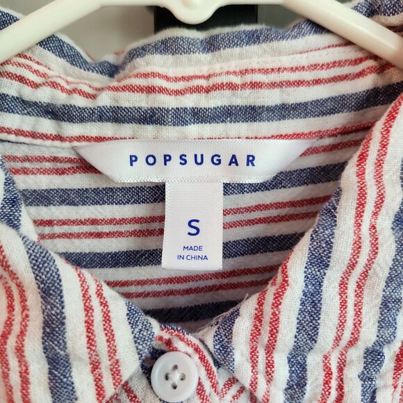 Red White @ Blue Pop Sugar Striped Button Down Shirt, Small Linen Rayon Tie-up - Picture 2 of 6
